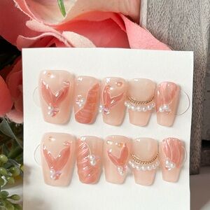 Elegant Pink Press-On Nails with Pearl Accents